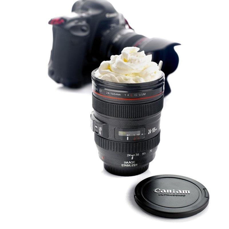 2019 New Coffee Lens Emulation Camera Mug Beer Mug Wine With Lid Black Plastic Cup Caniam Logo Mugs Cafe 400ml