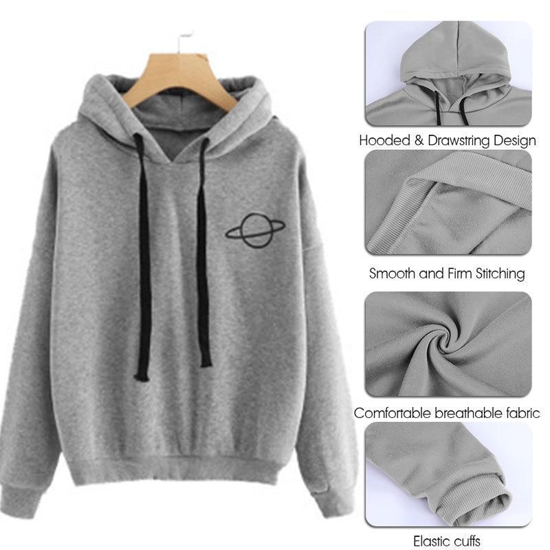 2019 Women Hoodies Sweatshirts Casual Pullovers Planet Print Solid Loose Drawstring Long Sleeve Sweatshirt Autumn Female