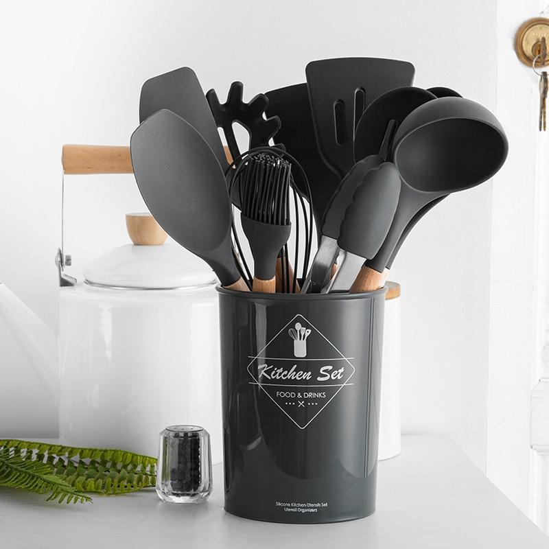 9/10/12PCS Silicone Cooking Utensils Set Non-stick Spatula Shovel Wooden Handle Cooking Tools Set With Storage Box Kitchen Tools