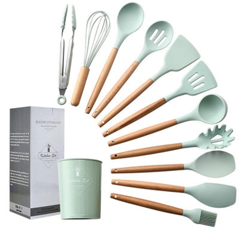 9/10/12PCS Silicone Cooking Utensils Set Non-stick Spatula Shovel Wooden Handle Cooking Tools Set With Storage Box Kitchen Tools