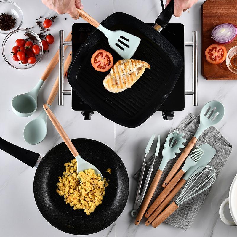 9/10/12PCS Silicone Cooking Utensils Set Non-stick Spatula Shovel Wooden Handle Cooking Tools Set With Storage Box Kitchen Tools