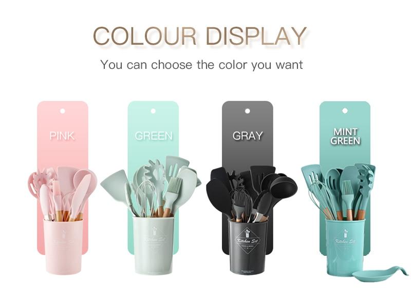 9/10/12PCS Silicone Cooking Utensils Set Non-stick Spatula Shovel Wooden Handle Cooking Tools Set With Storage Box Kitchen Tools