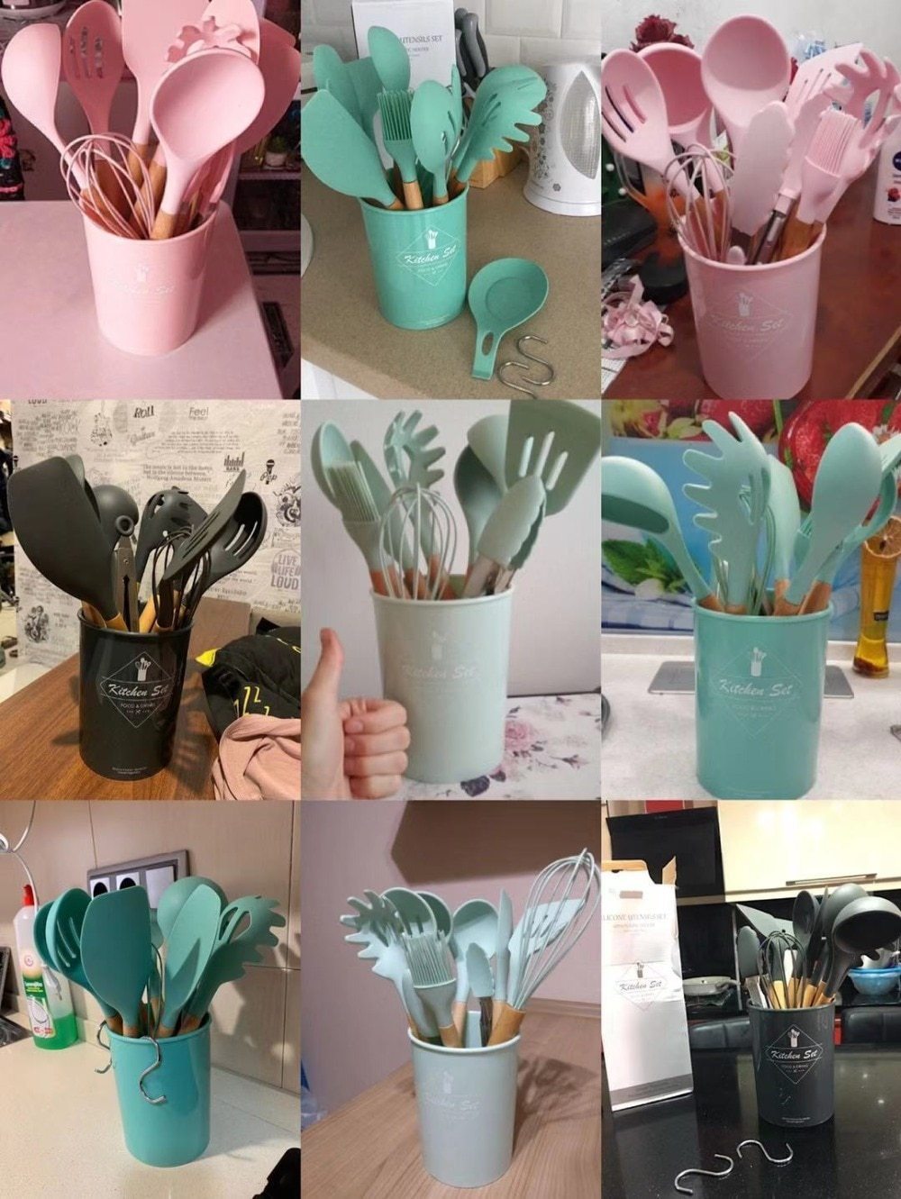 9/10/12PCS Silicone Cooking Utensils Set Non-stick Spatula Shovel Wooden Handle Cooking Tools Set With Storage Box Kitchen Tools