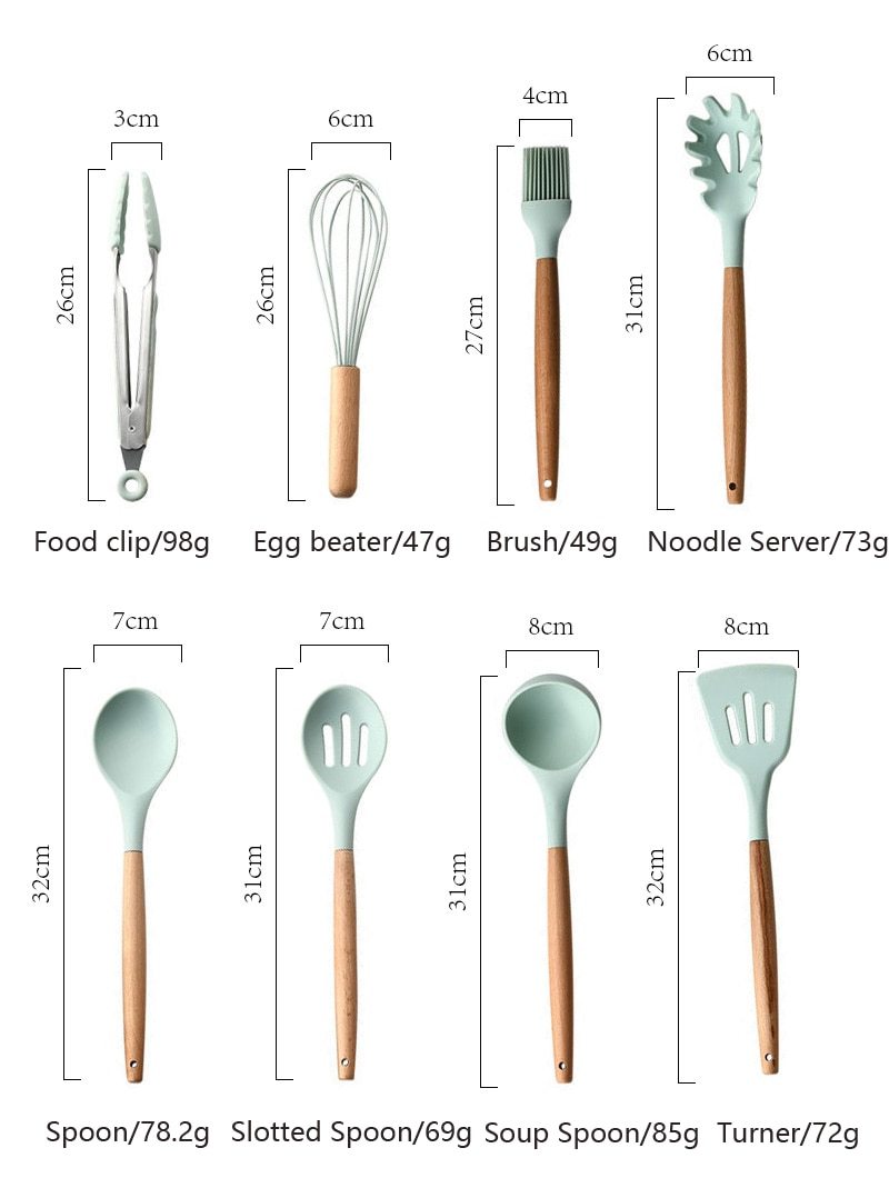 9/10/12PCS Silicone Cooking Utensils Set Non-stick Spatula Shovel Wooden Handle Cooking Tools Set With Storage Box Kitchen Tools