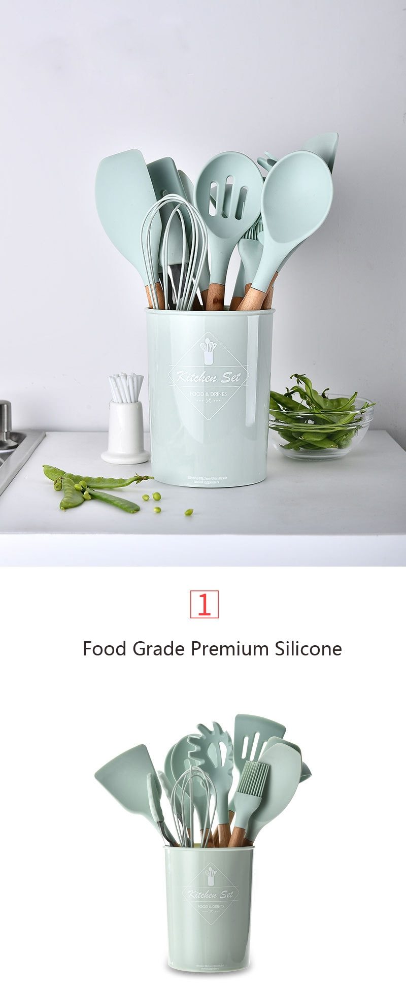 9/10/12PCS Silicone Cooking Utensils Set Non-stick Spatula Shovel Wooden Handle Cooking Tools Set With Storage Box Kitchen Tools