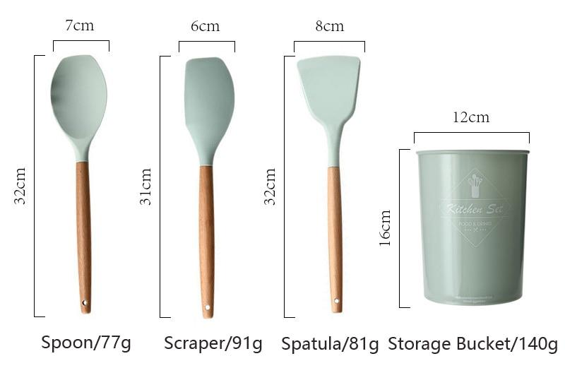 9/10/12PCS Silicone Cooking Utensils Set Non-stick Spatula Shovel Wooden Handle Cooking Tools Set With Storage Box Kitchen Tools
