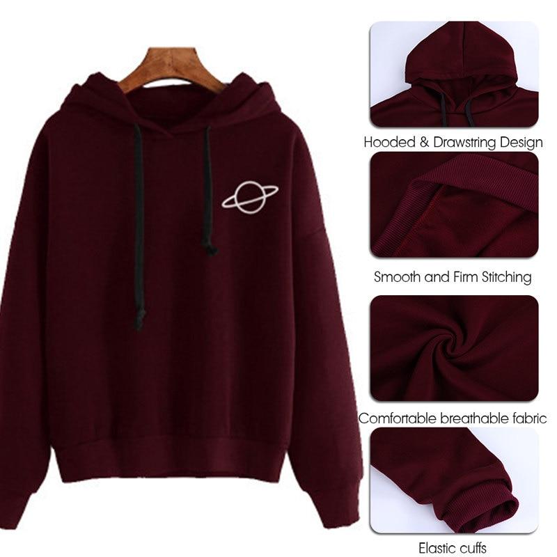 2019 Women Hoodies Sweatshirts Casual Pullovers Planet Print Solid Loose Drawstring Long Sleeve Sweatshirt Autumn Female